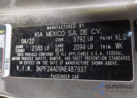 2022 Kia Forte Lxs from USA, damaged, VIN 3KPF24AD9NE487937